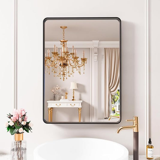 Black Bathroom Mirror 22X30 Inch, Black Metal Framed Mirror for Wall, Rounded Rectangle Matte Bathroom Vanity Mirror with Tempered Glass, Anti-Rust, Horizontal/Vertical