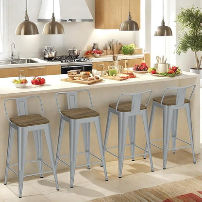 Silver Bar Stools Set of 4, Metal Bar Stools with Wooden Seat, Modern 26”Counter Height Barstools with Low Back