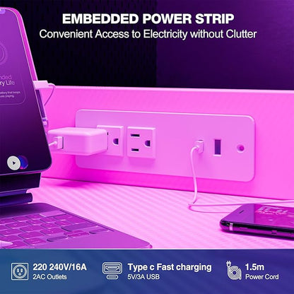 Gaming Desk 47 Inch with Power Outlet and LED Light, Computer Desk with Reversible Shelves and Storage Drawer, Pc Small Workstation for Home Office Table with Bag, Carbon Fiber Pink