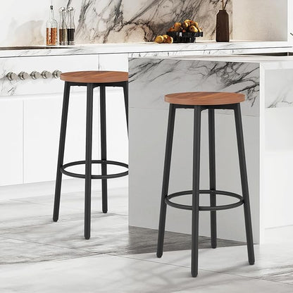 Athena Collection Bar Stools Set of 2, 25.5 Inches Round Counter Height Bar Stools Backless with Metal Legs and Footrest, Wood Barstools for Home, Kitchen Island, Counter, Brown