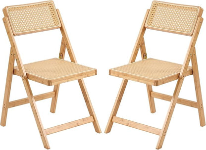 Tiita Rattan Dining Chairs Set of 2, Mid Century Modern Folding Chair, Bamboo Folding Dining Chairs for Small Space, Dining Room, Living Room, Bedroom, Wood