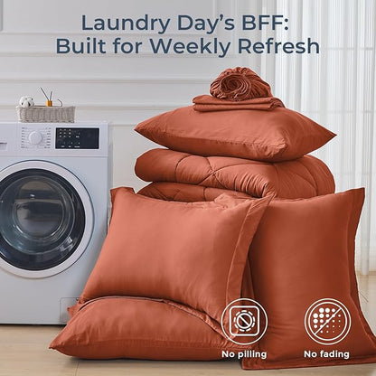 HEVUMYI Burnt Orange Full Comforter Set - 7-Piece All Season Bed in a Bag Full, Ultra Soft Bedding Set with Comforter, Flat Sheet, Fitted Sheet, Pillowcases, Pillow Shams