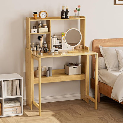 Bamboo Folding Desk with Storage Rack Mid Century Modern Desk for Home Office Bedroom Small Spaces, Natural