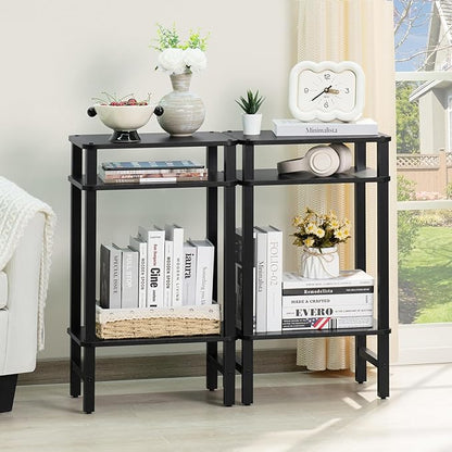28in Tall Side Table Set of 2, 3-Tier Small Narrow End Table for Couch, Skinny Nightstand for Small Space, Farmhouse Slim Night Stand with Storage, Wooden Frame Thin Bedside Table, Black