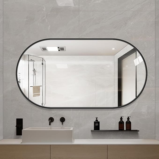 LAIYA 48x24inch Oval Wall Bathroom Mirror with Black Aluminum Frame,Wall Mounted Oval Vanity Mirrors， Explosion-Proof Glass, Waterproof Design, Easy Installation，Horizontally/Vertically