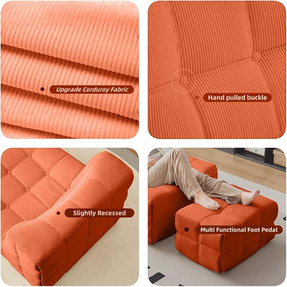 Bean Bag Chair - Memory Foam Bean Bag Chair for Adults, Comfy High-Resilience Single Sofa, Small Space Floor Chair, Chaise Lounge for Living Room, Bedroom (Orange, Square + Ottoman)