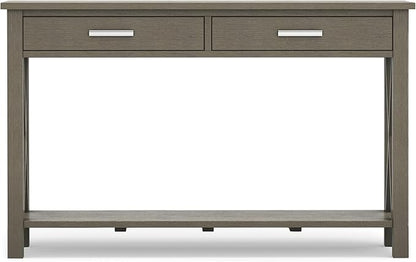 SIMPLIHOME Kitchener Console Table - 47 Inch Wide Solid Wood Sofa Table in Farmhouse Grey, Contemporary Storage Table for Entryway or Living Room with 2 Drawers, Bottom Shelf, and X-Design Side Panels