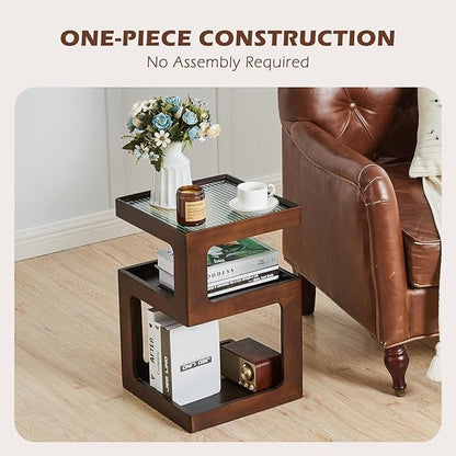 CozyDH 3-Tier End Table No Assembly Required, Modern Side Table 3-Tier Wood Nightstand for Small Spaces with Open Storage, Walnut Bedside Table for Bedroom