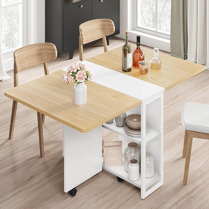 GarveeHome Folding Dining Table, Space Saving Farmhouse Dining Table for 4 Storage Shelf, 6 Wheels Multipose Expandable Kitchen Drop Leaf Table for Small Space (Pear Wood, 50.1"D x 31.4"W x 29.5"H)