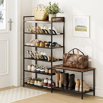 Shoe Rack Bench Storage Organizer for entryway,6-Tier Industrial Free Standing Shoe and Boot Racks with Seat,Entrance Shoe Rack Organizer Shelves for High Heels,Hallways, Closets,Brown,48.7in
