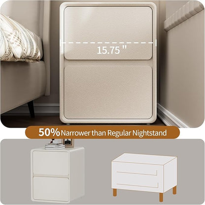 VICITON Modern Narrow Faux Leather Nightstand, Solid Wood Drawer, Storage Accent Table, Small Side End Table for Bedroom (Cream White, Large(15.7inch))