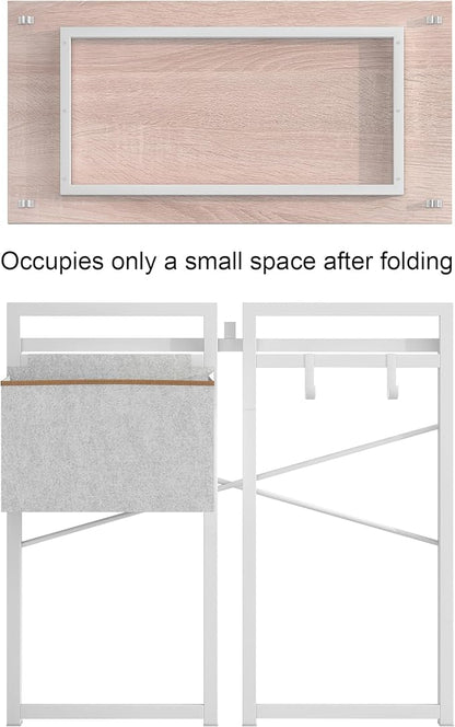 JSB Small Folding Computer Desk with Storage Bag and Hook Writing Modern Industrial Work Table Laptop for Home Office White (Natural & White, 31.5")