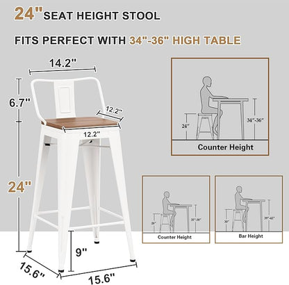 24 Inch Swivel Bar Stools Set of 4 with Backs Counter Height Industrial Metal Barstools Island Bar Chairs for Home Kitchen Dining Room (Swivel 24 inch, White Wooden)