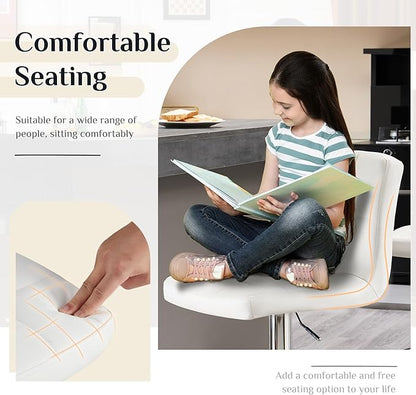 DUMOS Bar Stools Set of 2, Armless Adjustable Swivel Barstools, PU Leather Hydraulic Kitchen Counter Height Bar Stools, Thickened Seat Cushion Square Island Barstools with Back, White