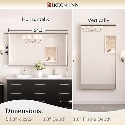 Keonjinn 55 x 30 In Brushed Nickel Bathroom Mirror for Wall, Rectangular Metal Framed Large Silver Vanity Mirror for Over Sink Square Corner Aluminum Alloy Modern Rectangle Mirror(Horizontal/Vertical)