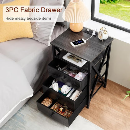 AMHANCIBLE LED Nightstand with Charging Station, Smart End Side Table with USB Port & Power Outlet, Bedside Table with Fabric Drawers for Bedroom, Living Room, Dark Grey, HET053LDG-1