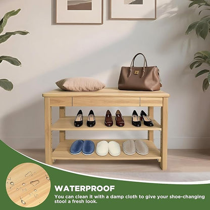 Wood Shoe Bench Entryway with Drawer: 2-Tiers Wooden Storage Shoe Rack with Bench Seat, Compact Mid-Century Modern Design for Entryway, Hallway, Closet, Front Door Entrance, Foyer