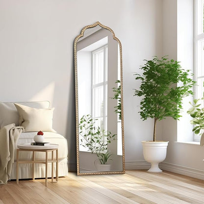 Large Gold Arched Mirror, 21"x64" Arch Standing Floor Mirrors for Dressing, Metal Beaded Frame Vintage Mirror, Scalloped Full Length Mirrors for Living Room Bedroom Hallway Entryway