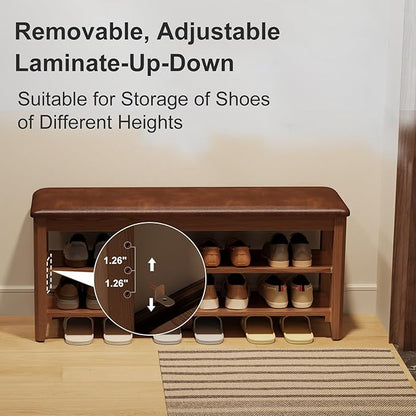 Wood Shoe Rack Bench for Entryway, Shoe Rack for Front Door Entrance with Leather Cushion, 2 Tier Shoe Bench with Shoe Storage for Entryway, Bedroom.