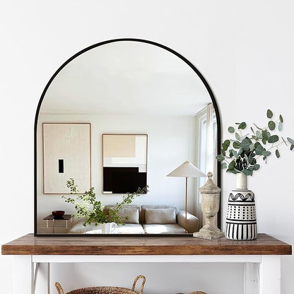 FICTOR Bathroom Vanity Mirror for Wall,32”x30” Arched Metal Framed Bathroom Mirror for Over Sink,Entryway,Living Room,Bedroom(Black)
