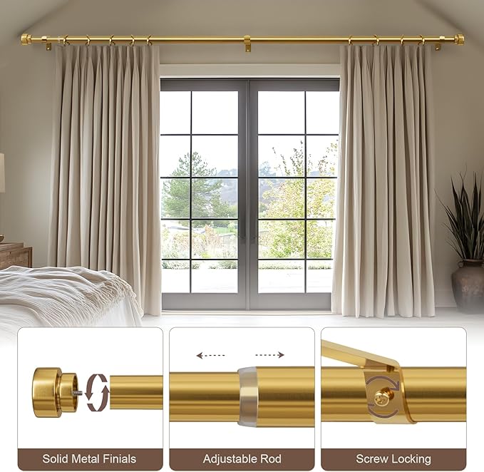 2 Pack Modern Gold Curtain Rods for Windows 72 to 144 Inches Adjustable Heavy Duty 1" Diameter Brass Window Curtain Rod with Solid Metal Finials for Outdoor Farmhouse Bedroom Kitchen Living Room