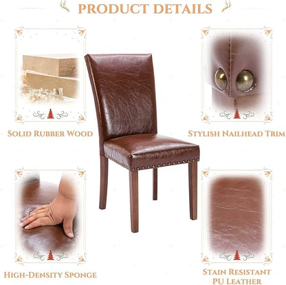 Parsons Dining Chairs Set of 2, Upholstered Nailhead PU Leather Dining Room Kitchen Side Chair with Thick Cushions and Wood Legs, Light Brown