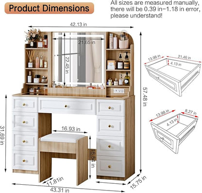 43" Makeup Vanity Desk with Mirror and Lights, & Power Outl, Glass Top Big Vanity Table with 9 Drawers& 8 Storage Shelves, Dressing Table Set with Chair for Bedroom, White+Oak