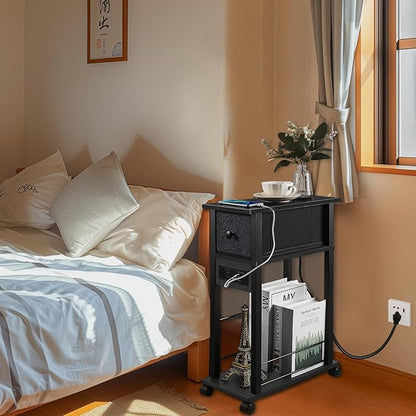 Side Table with Charging Station and Drawer, Narrow End Table with USB Ports and Outlets for Small Space, Living Room, Bedroom and Office, with 4 Wheels (1, Black)