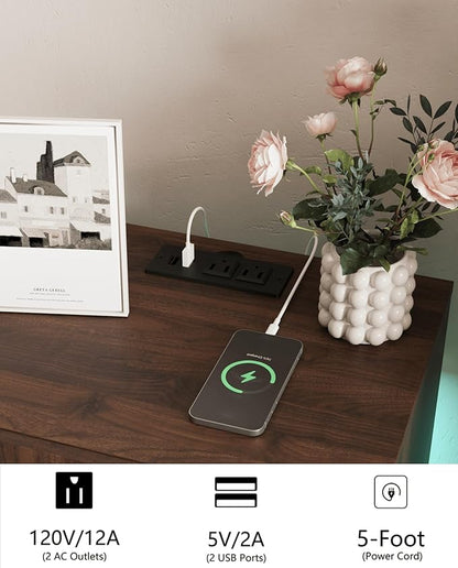 Nightstand with Charging Station and LED Lights,Modern Bedside Table with 2 Storage Drawer,Night Stand with Solid Wood Legs,White (Walnut Brown)