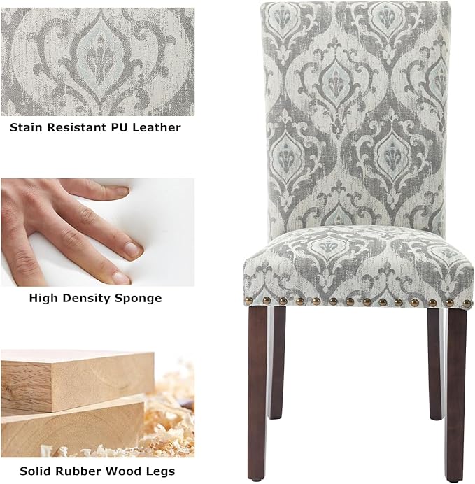 COLAMY Upholstered Parsons Dining Chairs Set of 2, Fabric Dining Room Kitchen Side Chair with Nailhead Trim and Wood Legs - Grey/White Flower