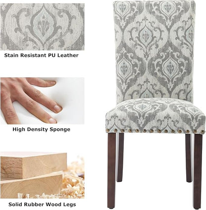 COLAMY Upholstered Parsons Dining Chairs Set of 6, Fabric Dining Room Kitchen Side Chair with Nailhead Trim and Wood Legs - Grey/White Flower