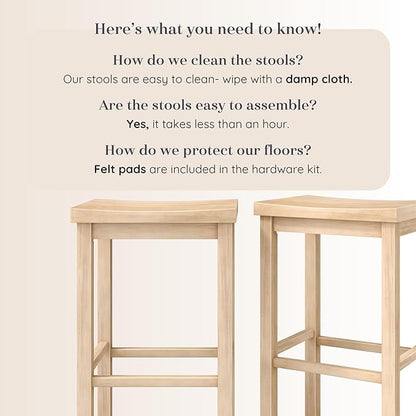 Grain & Grove Smith Collection Set of 2 Solid Wood Bar Stools, 30 inch Saddle-Seat Bar Chairs, Backless, Heavy-Duty Construction, Footrest Support, for Kitchen Islands, Home Bars, and Counters, Blonde