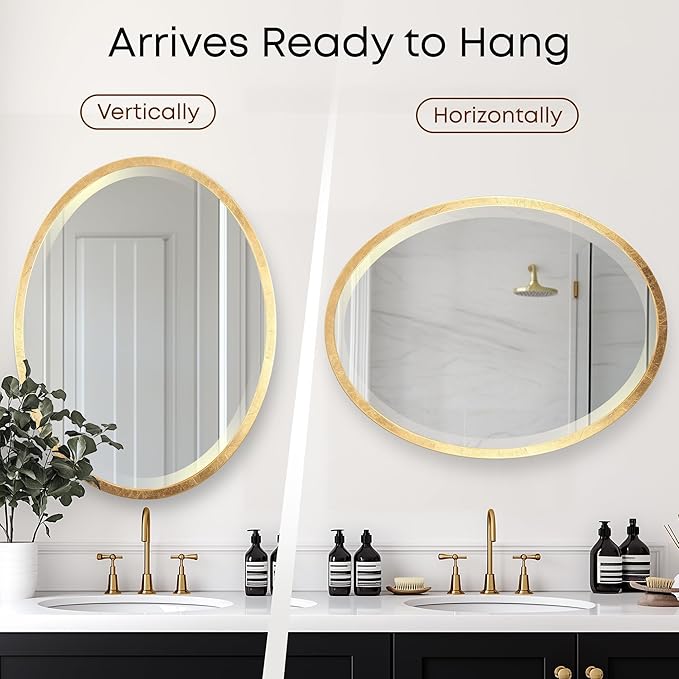 OVALCREST - Oval Wooden Beveled Wall Mirror for Home Decor, Bathroom, Vanity, Bedroom, Living Room, Hallway - London Style (Gold Leaf) 31.1 x 41.1