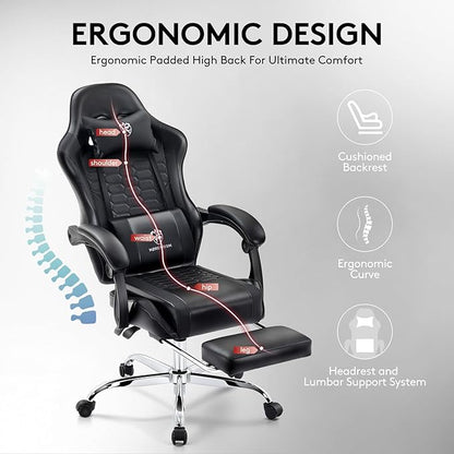 Gaming Chair,Computer Office Chair with Footrest,Massage Lumbar Support and Gel Pad,Ergonomic Reclining Adjustable Leather Gamer Chair with Headrest and Spring Cushion Black