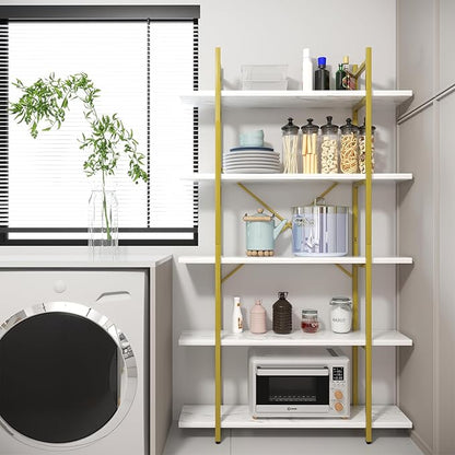5 Tiers Bookshelf Organizer White Faux Marble Shelf,Modern Open Display Storage Bookcase, and Metal Bookshelf Standing Storage Shelf Tall Shelving Units for Home Office Study