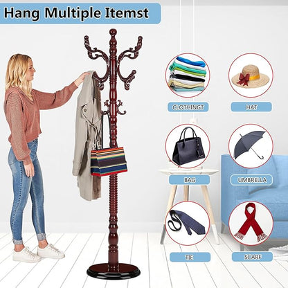 Solid Wood Coat Rack, Coat Racks Free Standing with 14 Hooks, Vintage Coat Rack with Stable Disc Base, Adjustable Height 73 in for Porch, Living Room, Bedroom, Office (Redwood Color)