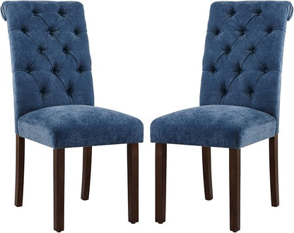 COLAMY Button Tufted Dining Chairs Set of 2, Parsons Upholstered Fabric Dining Room Chairs Kitchen Chairs with Wood Legs and Padded Seat, Blue
