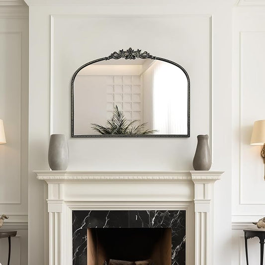 WallBeyond Black Antique Arched Vintage Wall Mirror, 24x32 Inch, Iron Frame, Bathroom, Living Room, Entryway