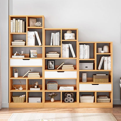 IOTXY Wooden Open Shelf Bookcase - 61 Inches Height Freestanding Display Storage Cabinet Organizer with 8 Cubes and a Drawer, Floor Standing Bookshelf in Maple Yellow