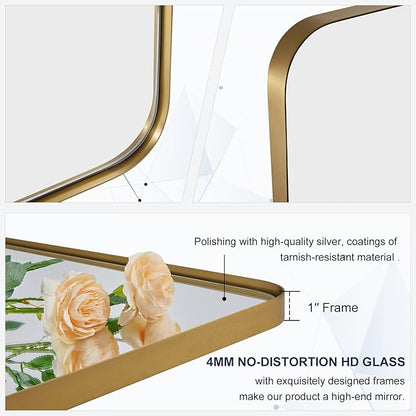 MOON MIRROR 30" x 22" Brushed Gold Rectangle Bathroom Mirror, Tilting Rounded Rectangular Metal Framed Pivot Wall Mirror, Hangs Horizontally Only(Overall 33.75" x 22")