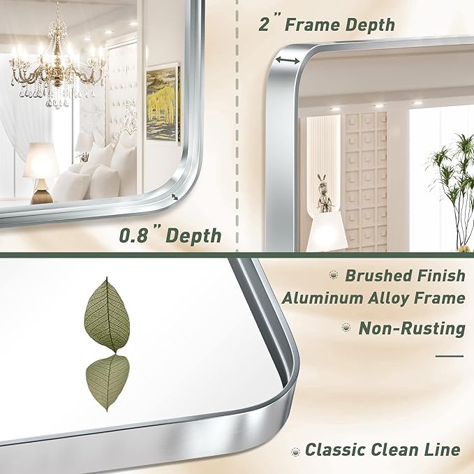 TokeShimi 60 x 30 Inch Wall Mirror for Bathroom Brushed Silver Metal Frame Decorative Rectangular Wall Mounted Home Decor Corner Hangs Farmhouse Mirror (Horizontal/Vertical)