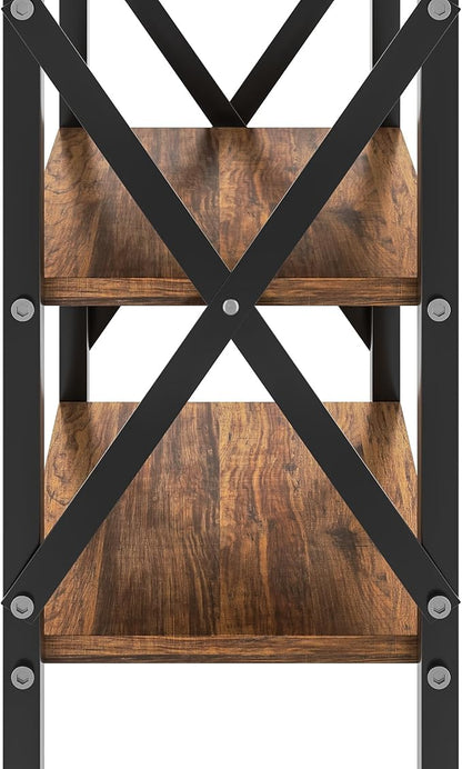 VECELO End Table, Bedside Table, 24" Tall Living Room End Tables, X-Design Reinforced Nightstands, Side Table with 3-Tier Storage Shelves for Small Spaces, Office, Bathroom, Bedroom, Rustic Brown