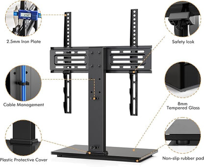 FITUEYES Universal TV Mount Stand Table Top TV Stand for 27-55 inch TVS Height Adjustable TV Stand Mount, Glass Base, Black