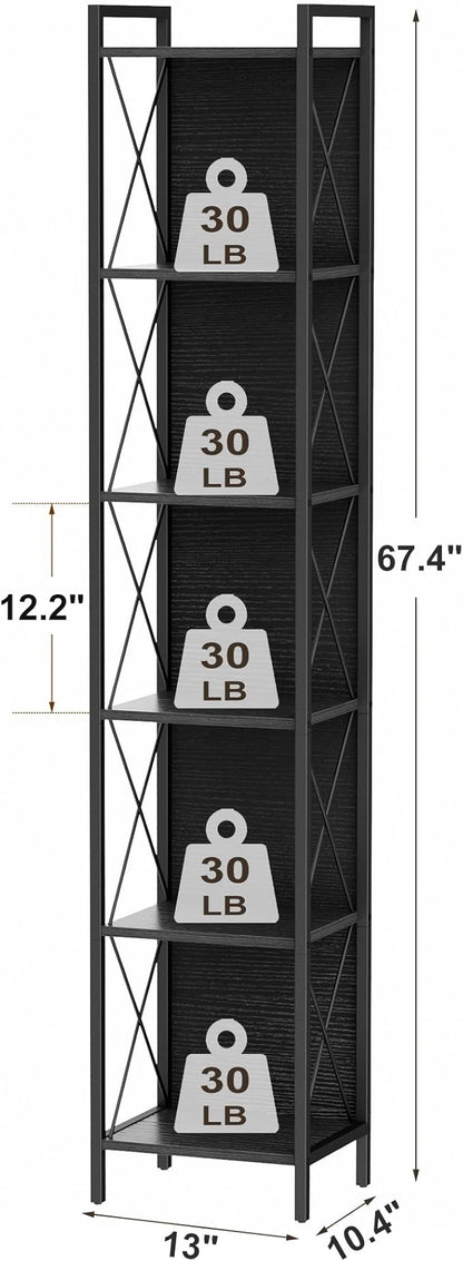 Homhedy 6 Tier Bookshelf Bookcase, Tall Narrow Bookshelf for Small Space, Metal Storage Shelves with Back Panel, for Home Office, Living Room, Kitchen, Bedroom, Industrial Style, Black