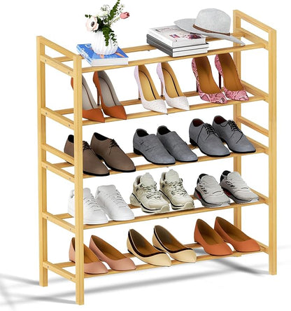Haddockway Bamboo Shoe Rack for Closet, Free Standing Shoe Organizer with Smooth Round Rods & Convenient Handles, Stackable Shoe Storage Shelf for Entryway, Hallway(Natural, 5-Tier)