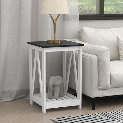 Farmhouse Square End Table, Accent Side Table with Slats Design, Sofa Side Table with Sturdy Frame for Living Room, Oak Black