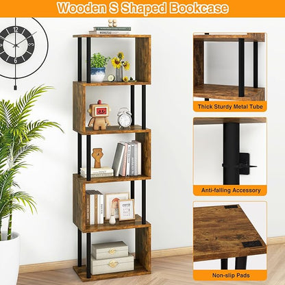 IBUYKE 6-Tier Tall Bookshelf,S-Shaped Geometric Bookcase, Wood Display Shelves with Storage,Industrial Bookshelf for Living Room Bedroom, Home Office, Rustic Brown WBC016H