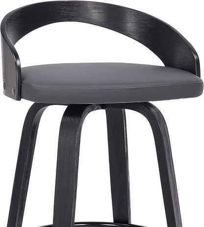 Armen Living Sonia 30" Bar Height Swivel Gray Faux Leather and Black Wood Bar Stool