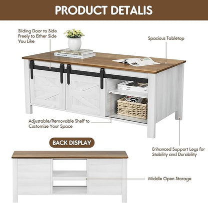 YESHOMY TV Stand Set with a Farmhouse Style Coffee Table,for Living Room,with Big Capacity, White