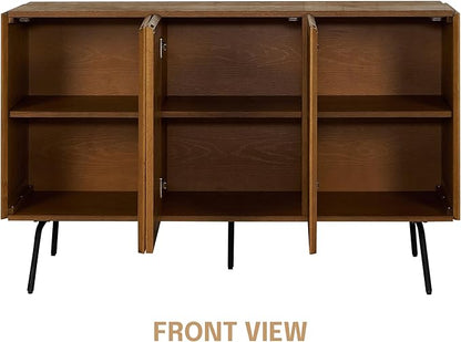 NTC MOSSIC Modern Sideboard with 3 Doors, Natural Rattan Storage Cabinet, Buffet with Metal Legs, Boho Accent Cabinet for Living Room, and Entryway, Effortless Assembly - Rustic Oak